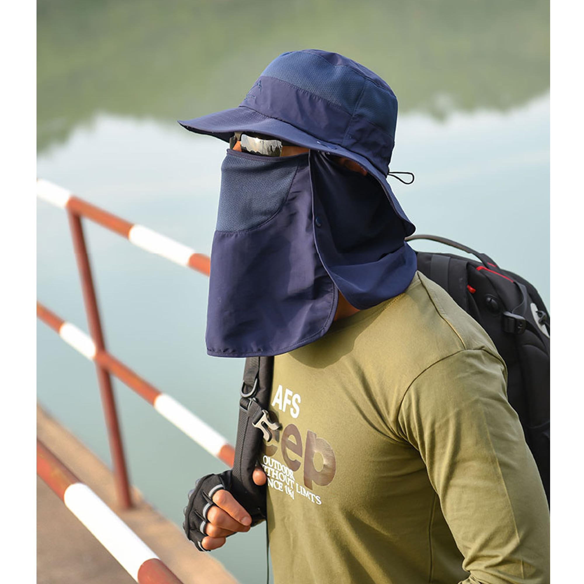 Outdoor usage: sun hat in a hiking/fishing setting