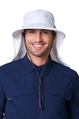 Front view of Stevie Ultra sun hat in white with neck drape and clip-on mask