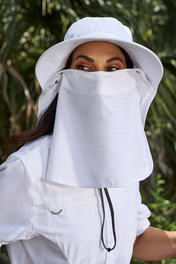 Detachable neck drape feature on Stevie Ultra sun hat