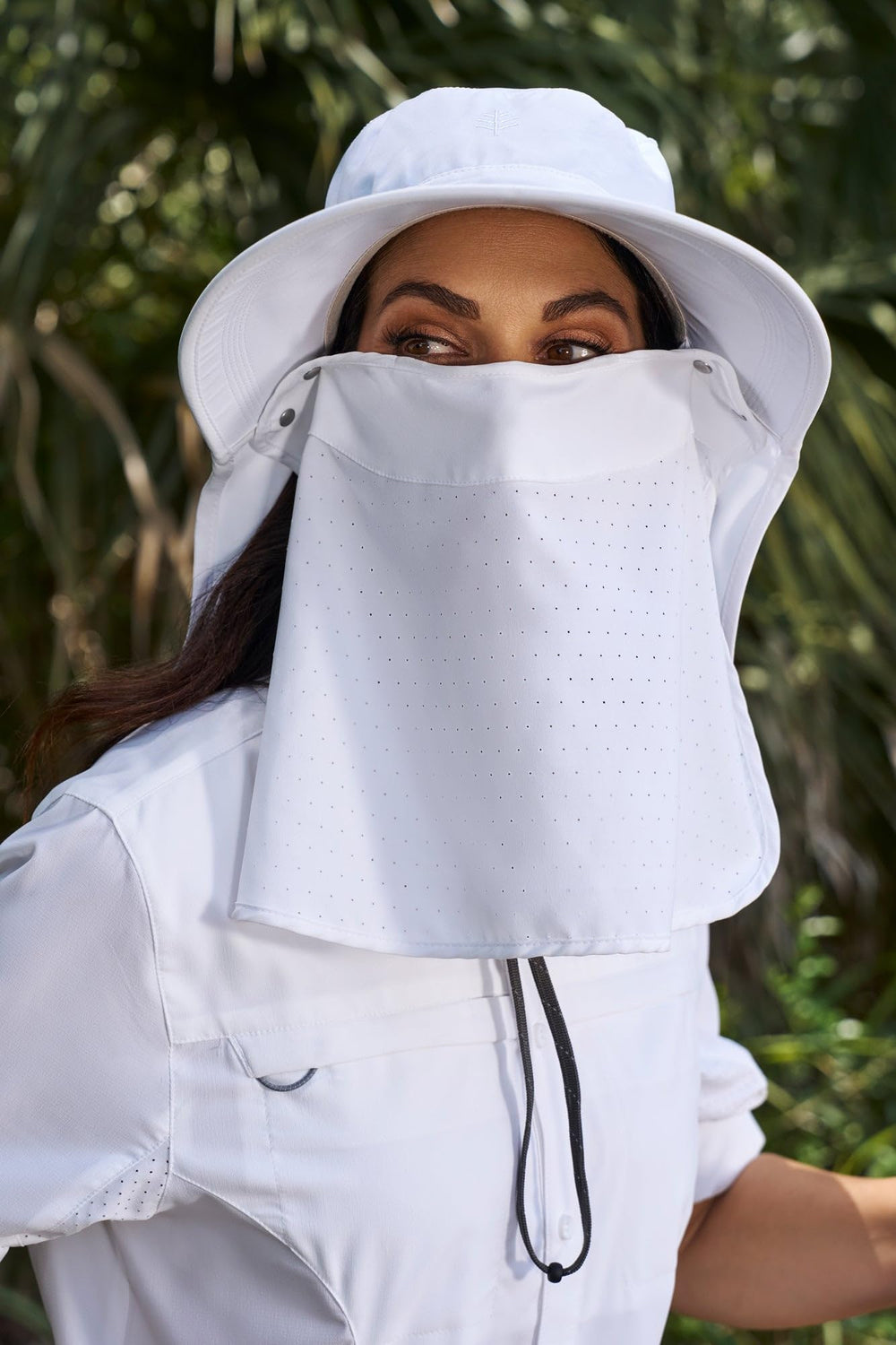 Detachable neck drape feature on Stevie Ultra sun hat