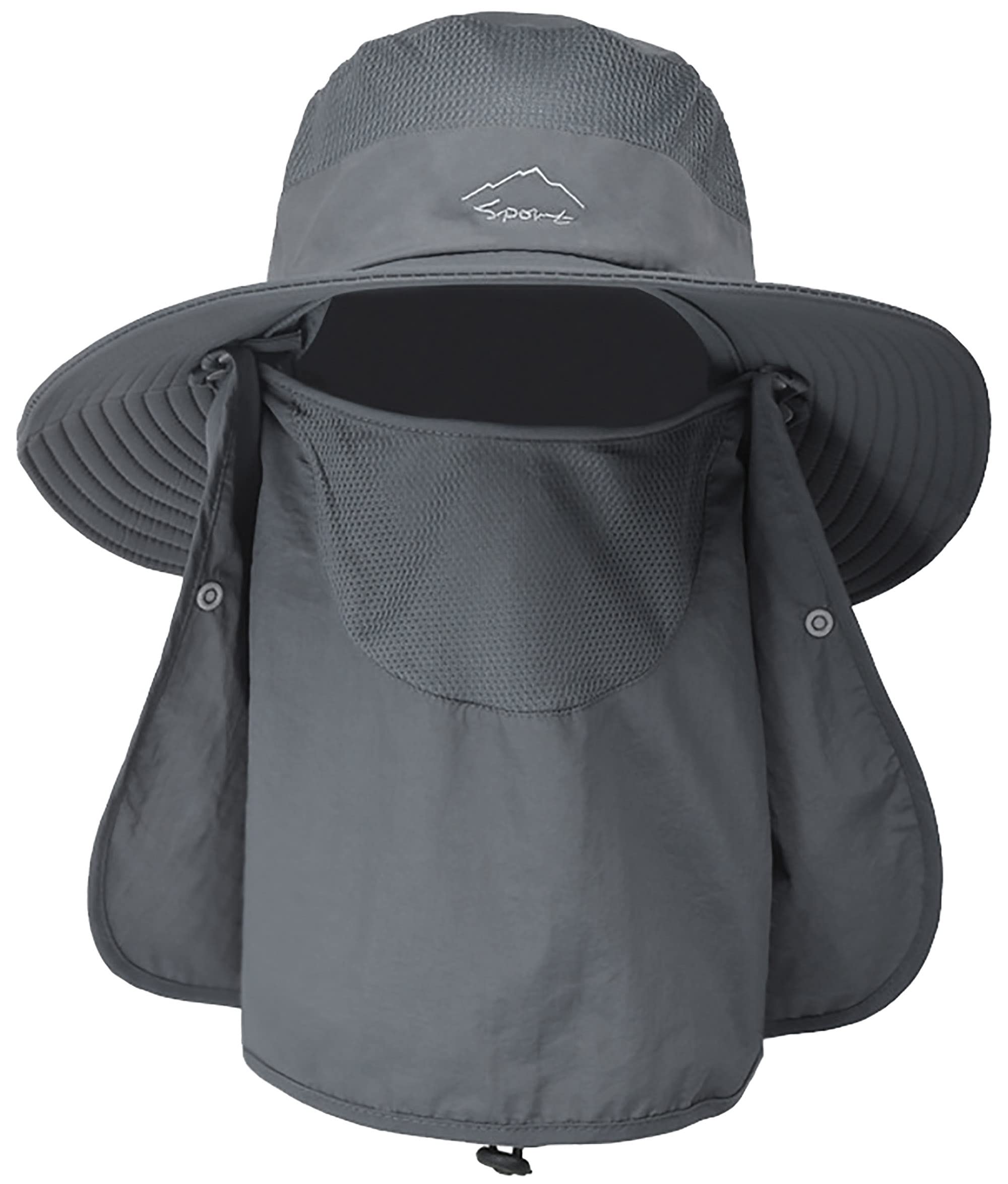 Wide-brim sun hat with face cover and neck flap on white background