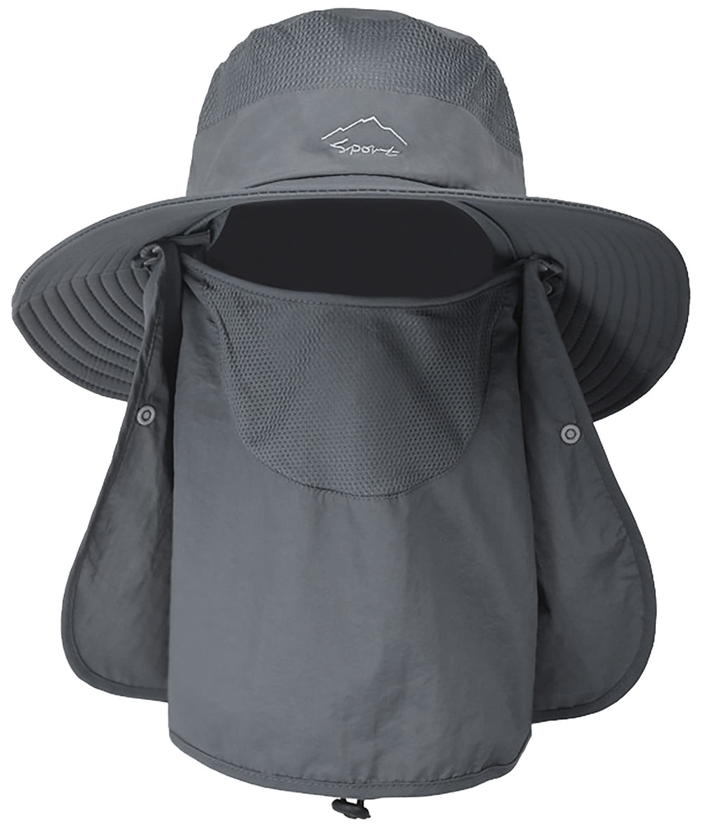 Wide-brim sun hat with face cover and neck flap on white background