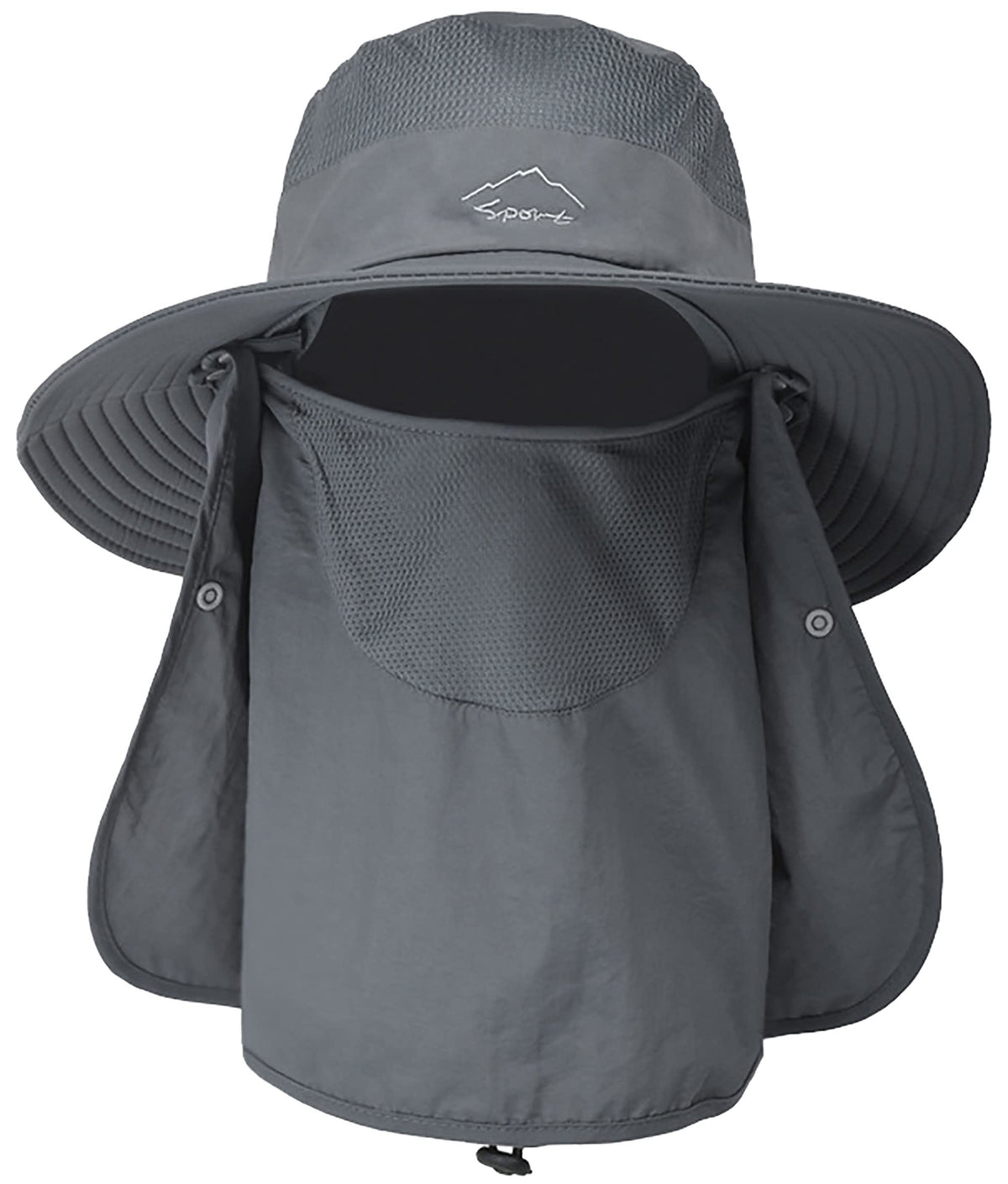 Wide-brim sun hat with face cover and neck flap on white background
