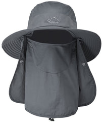 Wide-brim sun hat with face cover and neck flap on white background