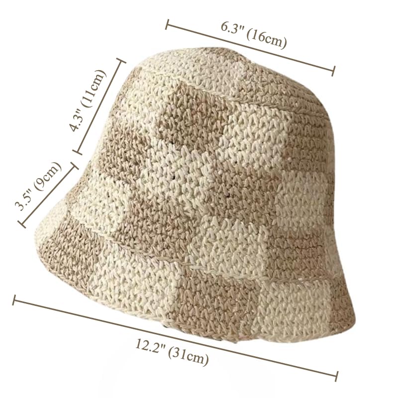 Beige checkered straw hat side view showing wide brim