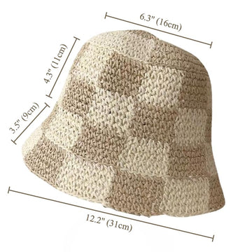 Beige checkered straw hat side view showing wide brim