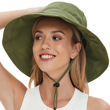 Army green sun hat with wide 4.53 inch brim and ponytail hole