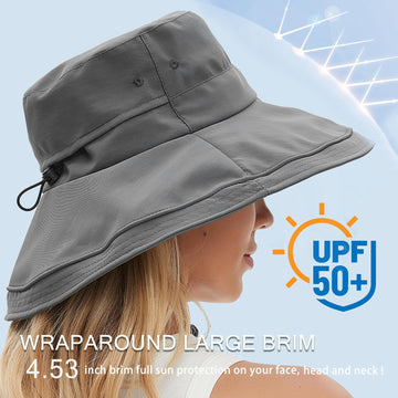 Grey wide-brim bucket hat with UV protection - side view