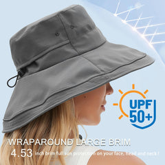Grey wide-brim bucket hat with UV protection - side view