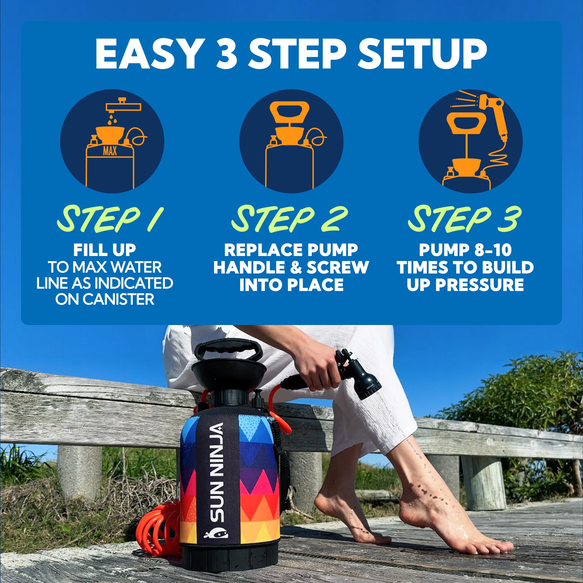 Sun Ninja easy-to-carry design makes camping showers simple to transport.