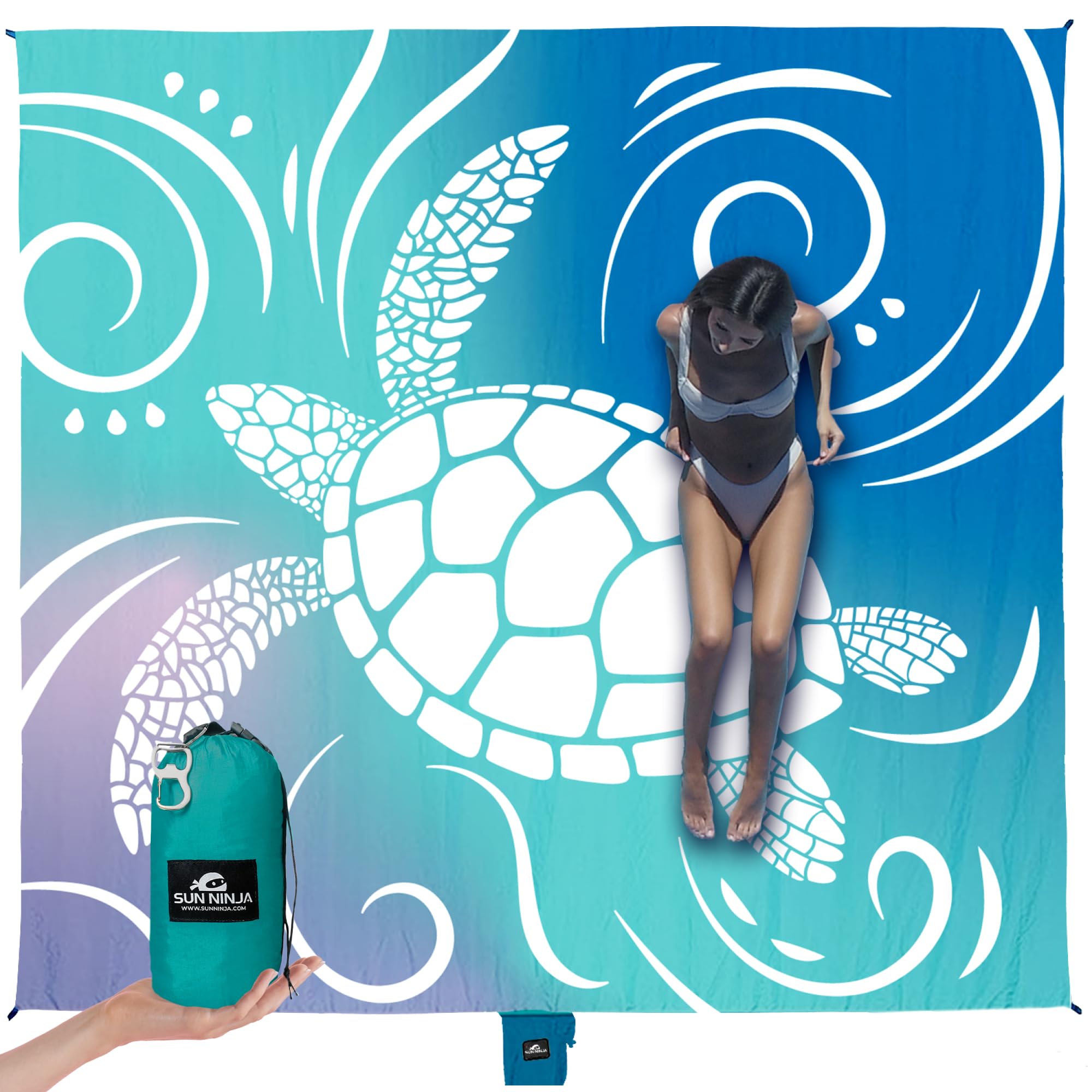 SUN NINJA oversized beach blanket spread on sand shows generous 10ft by 9ft area for group relaxation.