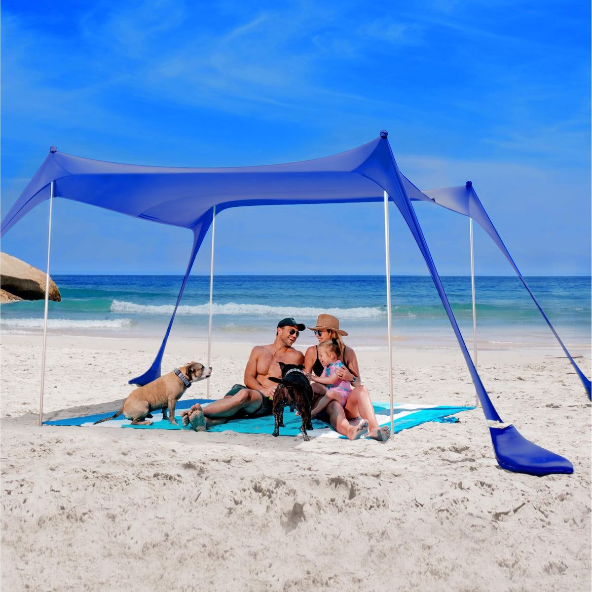 SUN NINJA beach tent pop-up in action providing quick shade.