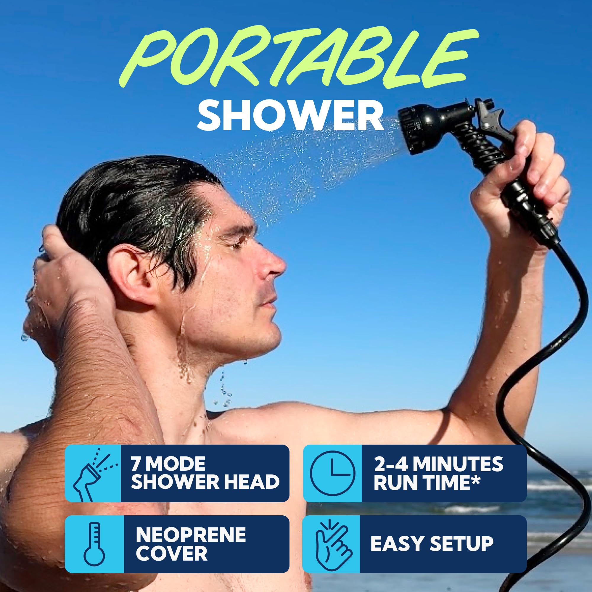 Sun Ninja portable shower head with 7 modes for customized cleaning options.
