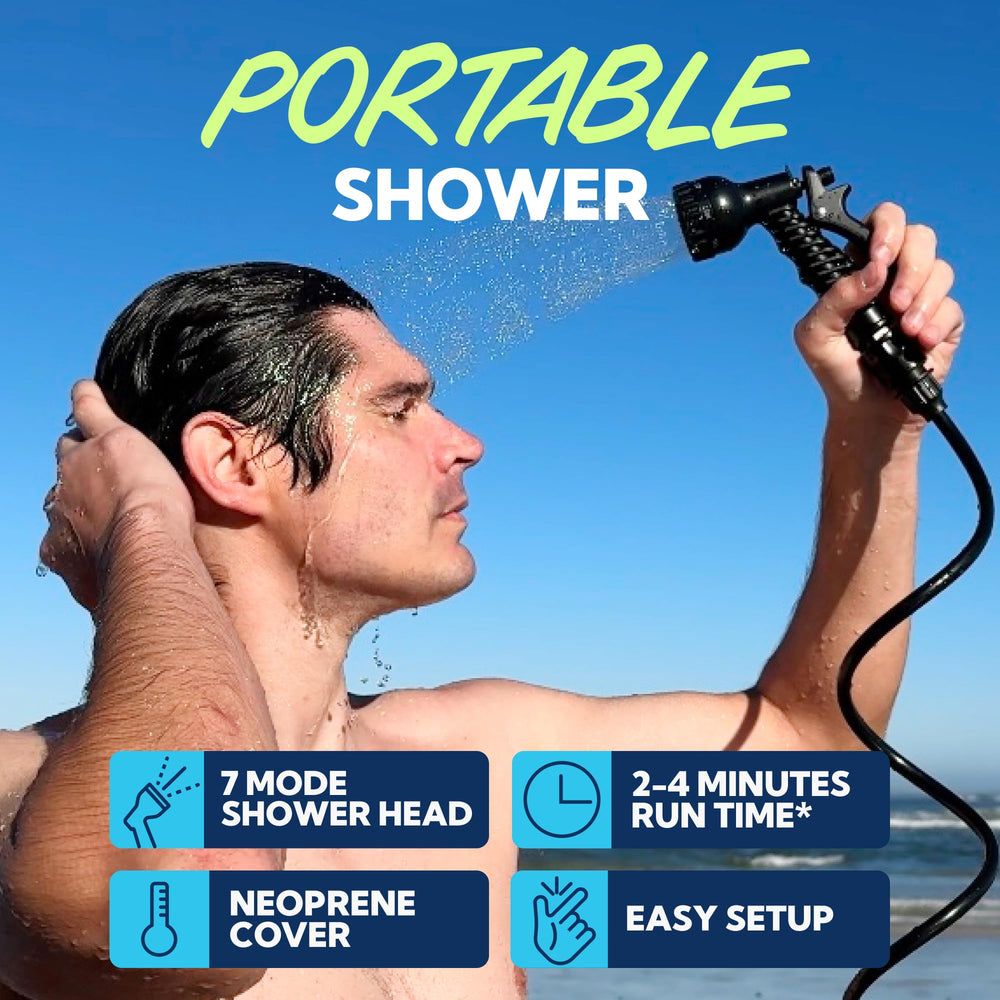 Sun Ninja portable shower head with 7 modes for customized cleaning options.