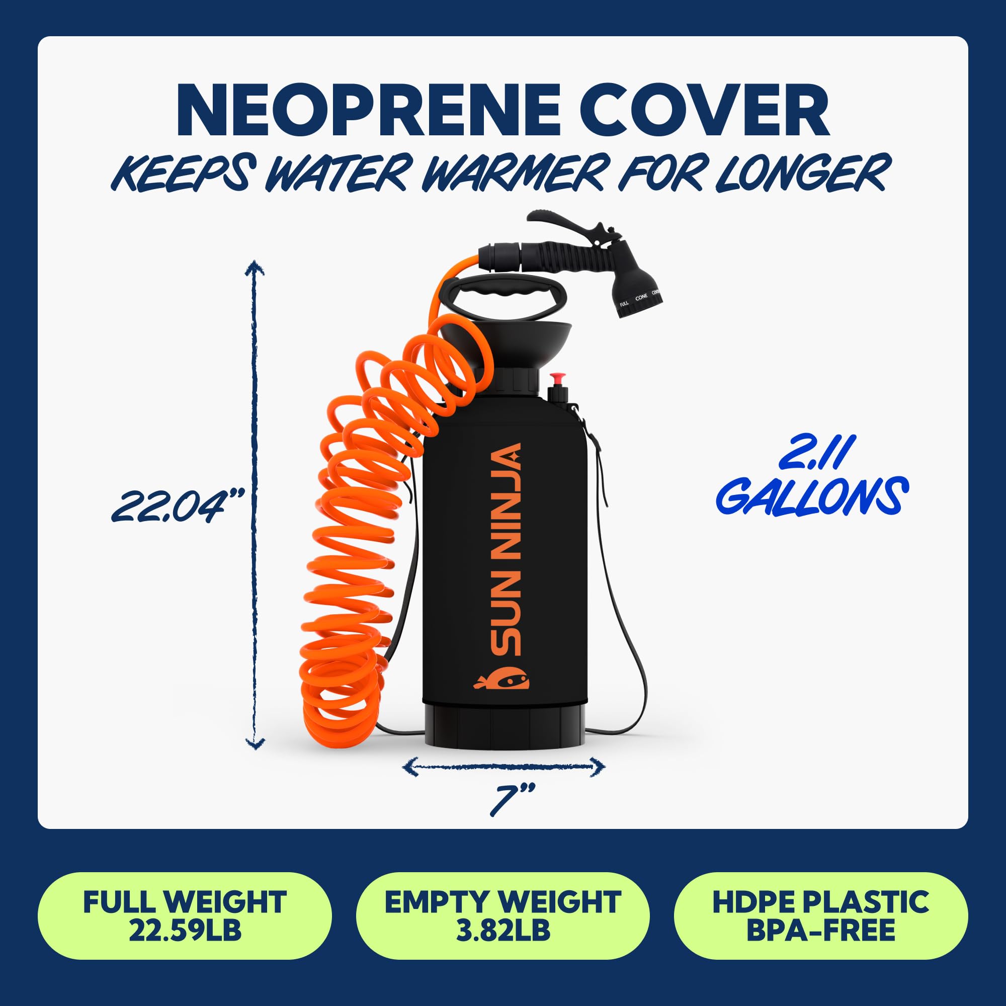 Sun Ninja pressurized water tank enables quick showers anywhere outdoors.
