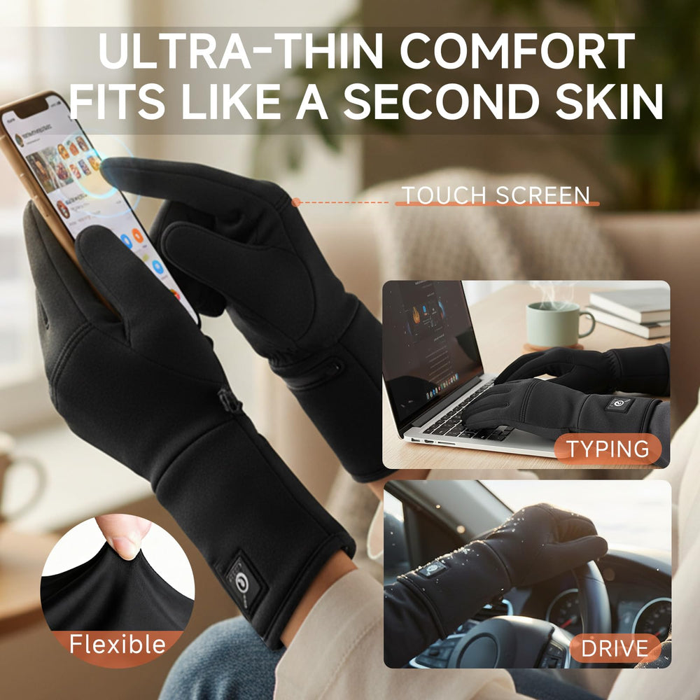 Sun Will heated glove liners in use while typing, enabling touchscreen control.