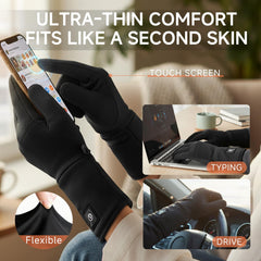 Sun Will heated glove liners in use while typing, enabling touchscreen control.