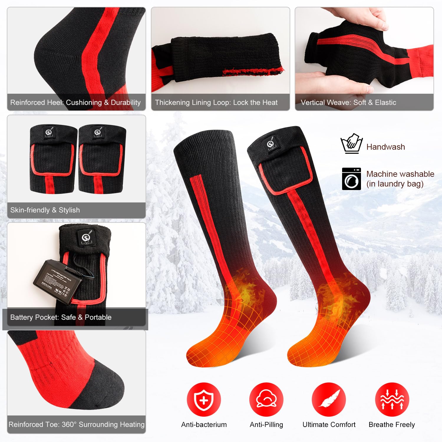 Sun Will heated socks worn during skiing or hiking in snow