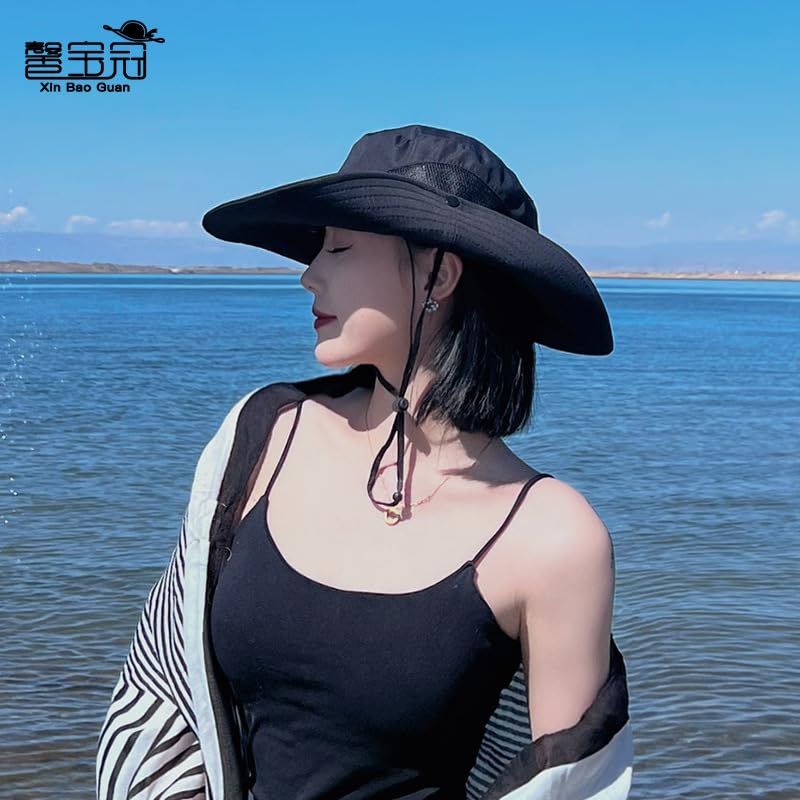 Foldable Sun Hat Black with Adjustable Chin Strap - Travel Outdoor Hat