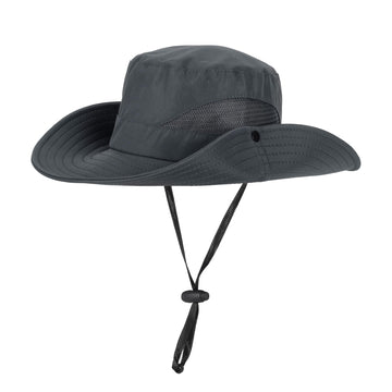 Dark gray sun hat with wide brim worn by adults