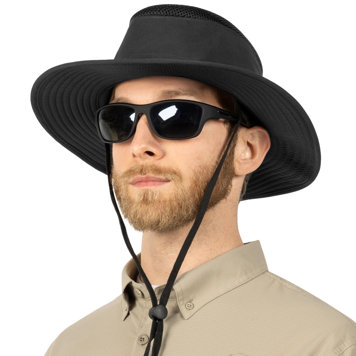 SUN CUBE wide brim sun hat in black providing full sun protection for outdoor activities