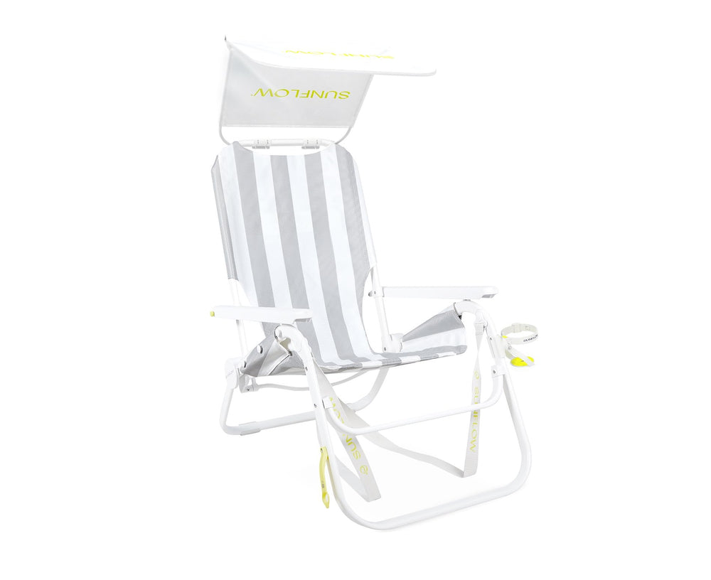 SUNFLOW Shore Thing chair opened full size on sand for comfort.