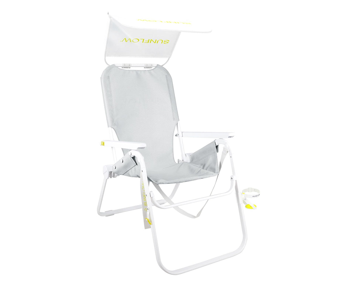 SUNFLOW Tall Sand Dune Chair beach-scene with shade for sun protection.