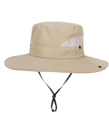 Dark beige sun hat close-up showing wide brim