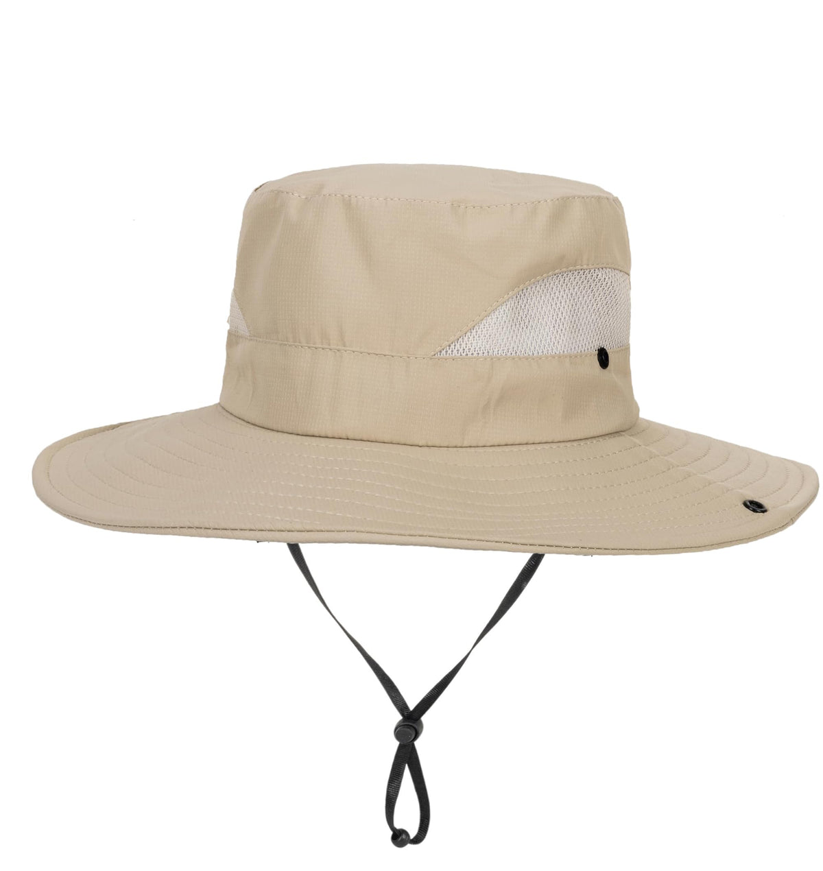 Dark beige sun hat close-up showing wide brim