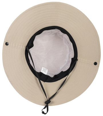 Model wearing dark beige sun hat during outdoor hike