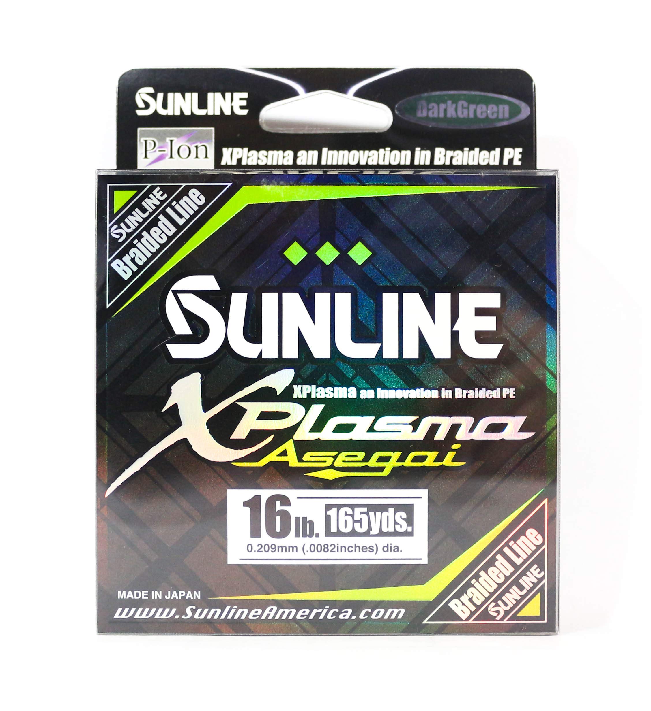 Sunline Asegai 16lb 165yd dark green spool shows tight weave for abrasion resistance.
