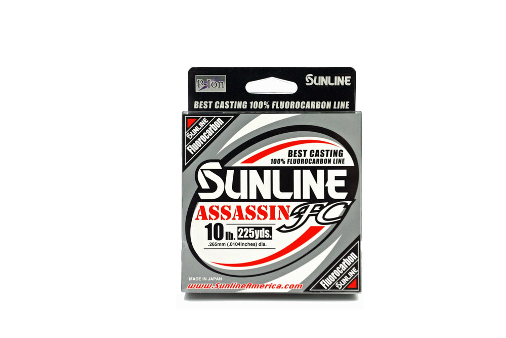 Sunline Assassin FC fishing line, clear and nearly invisible underwater for precise presentations.