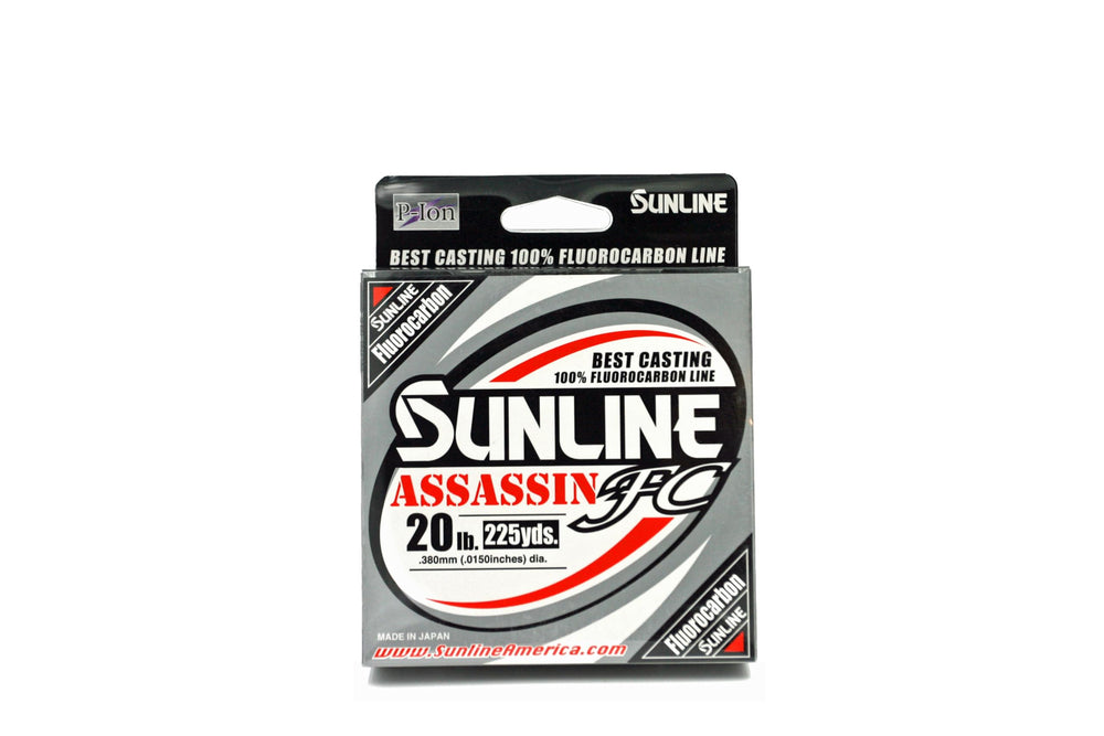 Sunline Assassin FC fishing line spool shows near-invisible clarity and enhanced performance.