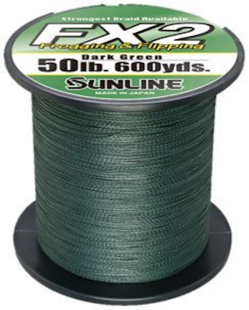 Sunline FX2 Braid 50 lb dark green close-up shows premium line for frog fishing