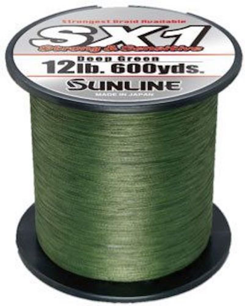 Sunline SX1 Deep Green braided line on spool, smooth casting and neutral buoyancy for bass fishing.