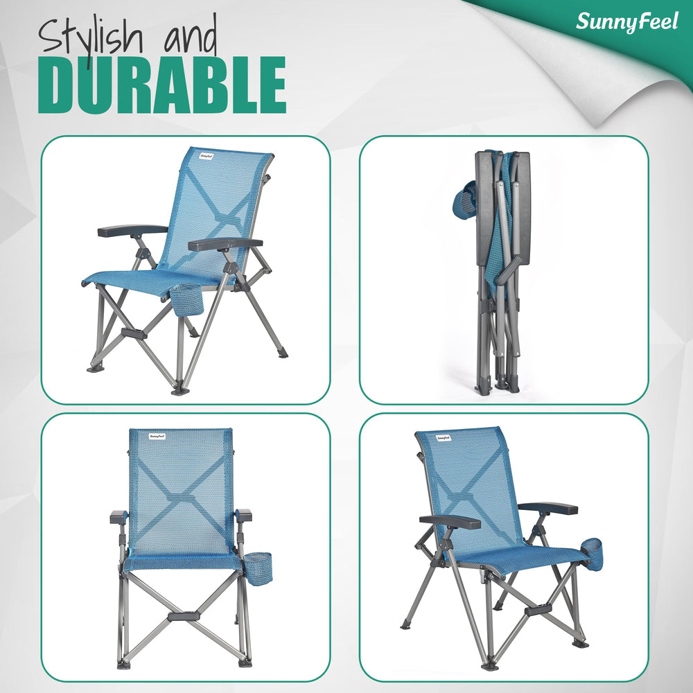 SunnyFeel camp chair on sand at the beach showing stability.
