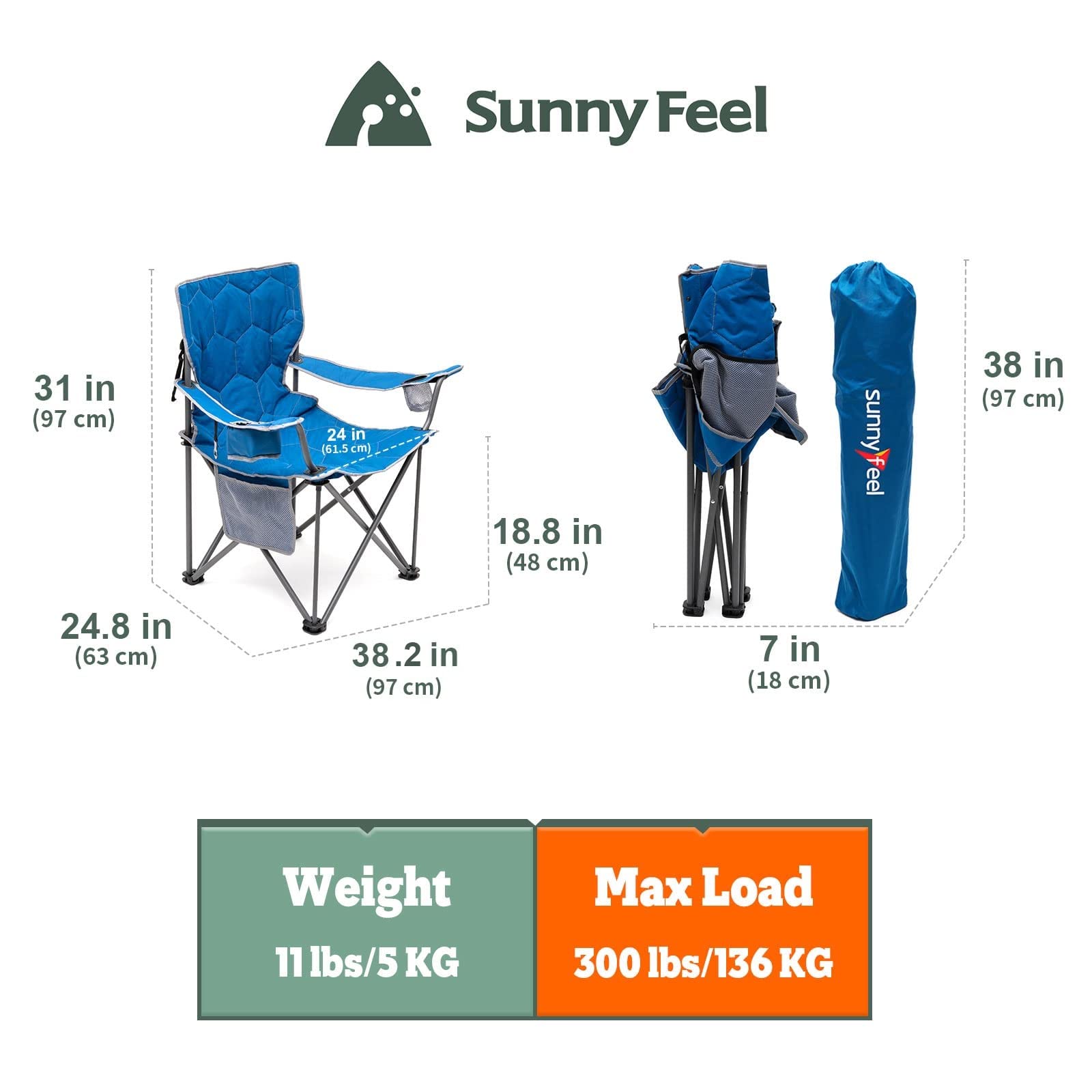 SunnyFeel camping chair with bottle opener and cupholders in blue for easy outdoors use