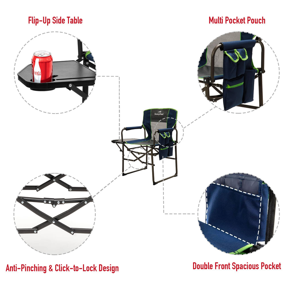 SunnyFeel chair with beverage holder and phone pocket keeps devices secure.