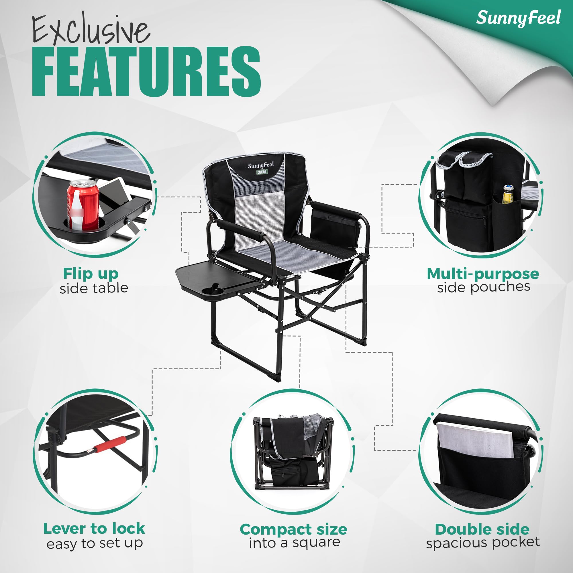 SunnyFeel camping directors chair easy setup with click-to-lock frame