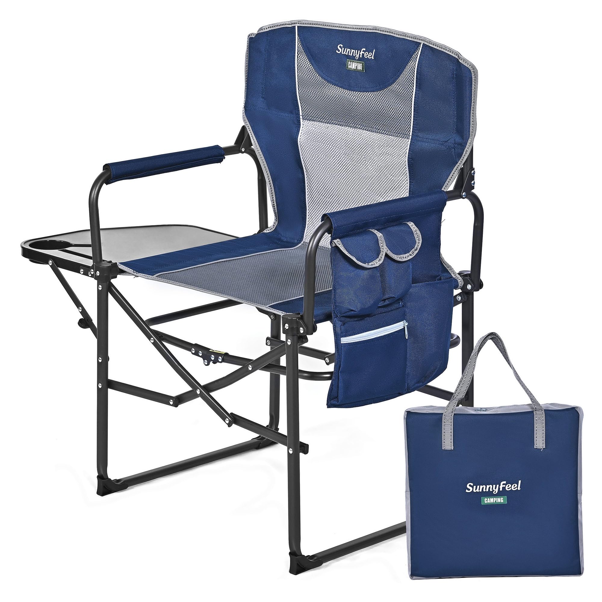SunnyFeel Camping Directors Chair illustrating easy setup with click-to-lock mechanism