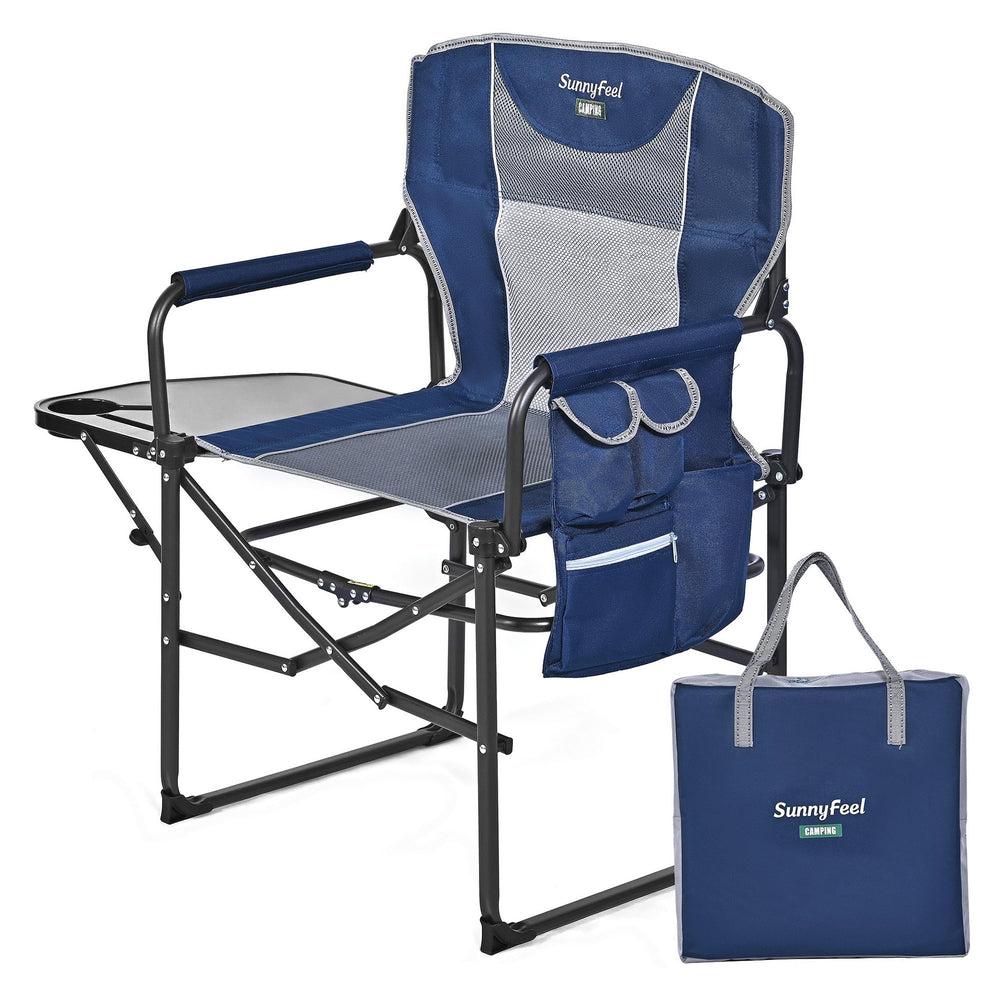 SunnyFeel Camping Directors Chair illustrating easy setup with click-to-lock mechanism