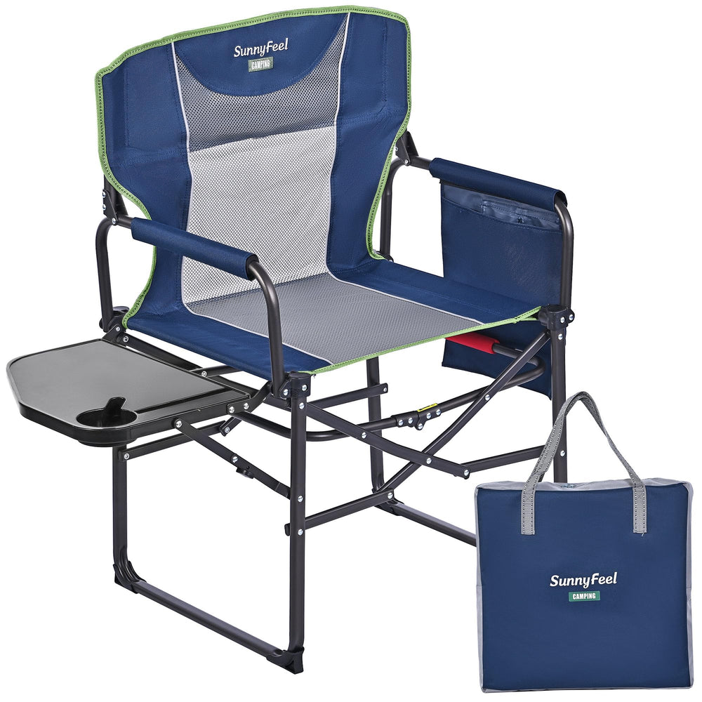 SunnyFeel Camping Directors Chair opened to show dimensions for comfortable outdoor seating
