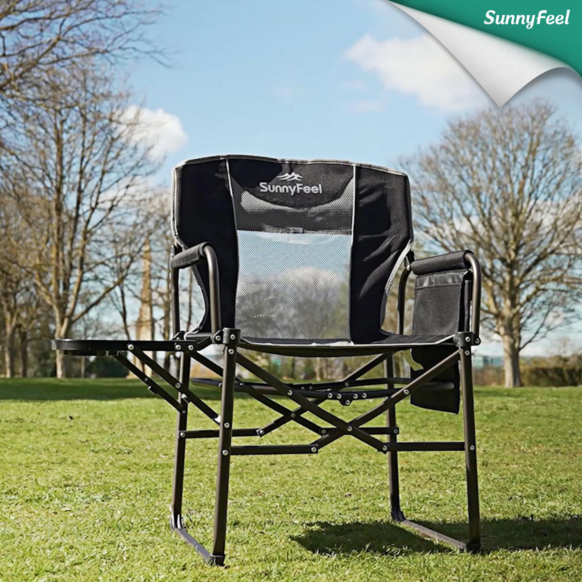 SunnyFeel camping directors chair pocket storage keeps keys and phone organized.