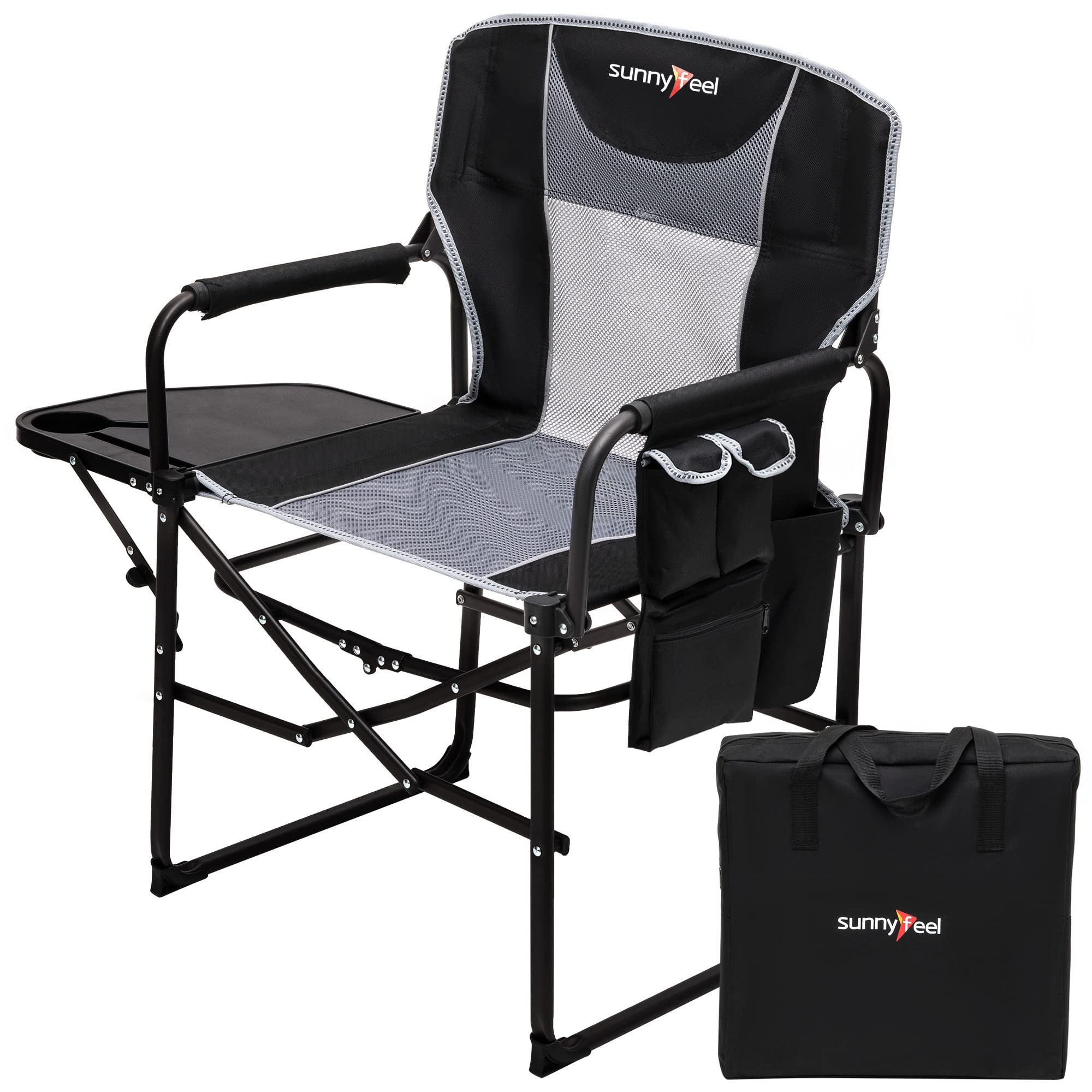 SunnyFeel camping directors chair side-table with cup holder for easy drinks.