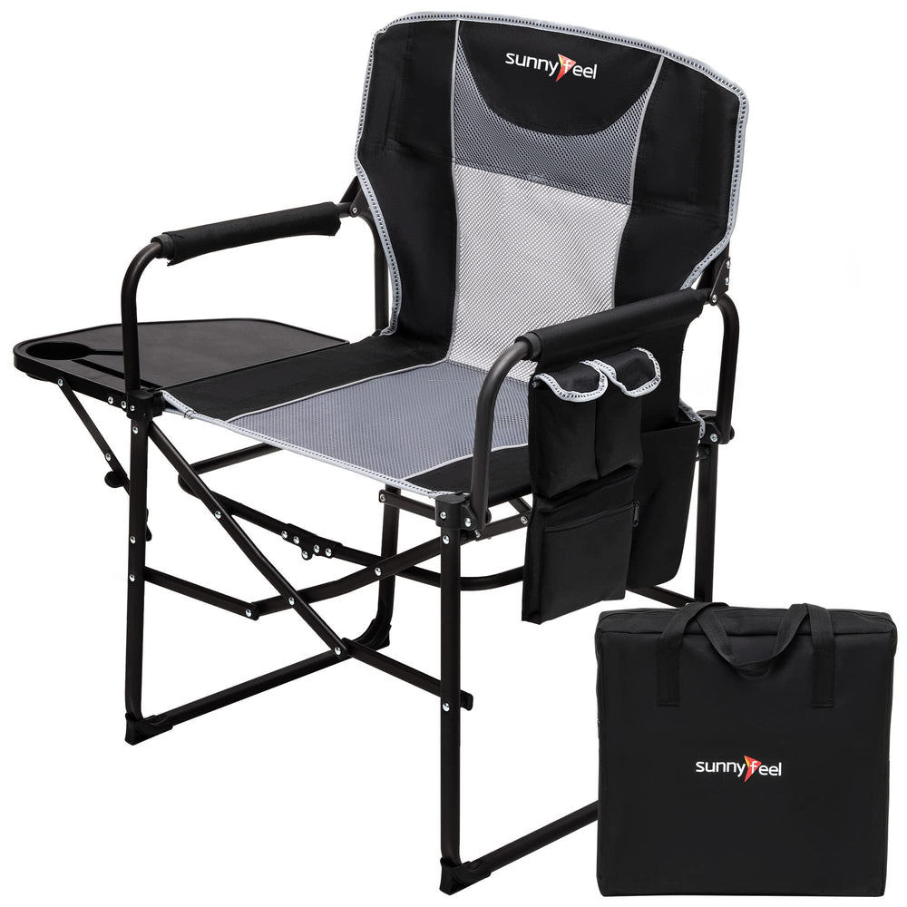 SunnyFeel camping directors chair side-table with cup holder for easy drinks.