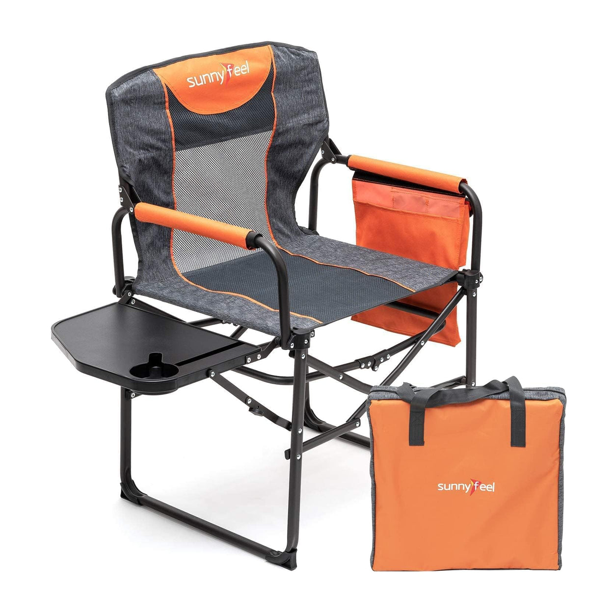 SunnyFeel camping director chair with side table showing convenient drinks and device storage.