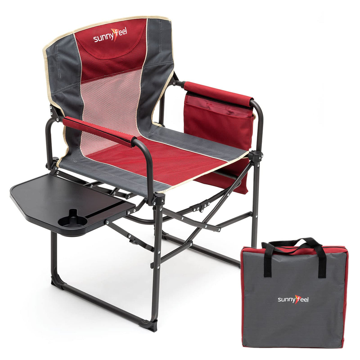 SUNNYFEEL camping directors chair with side table for drinks and devices.