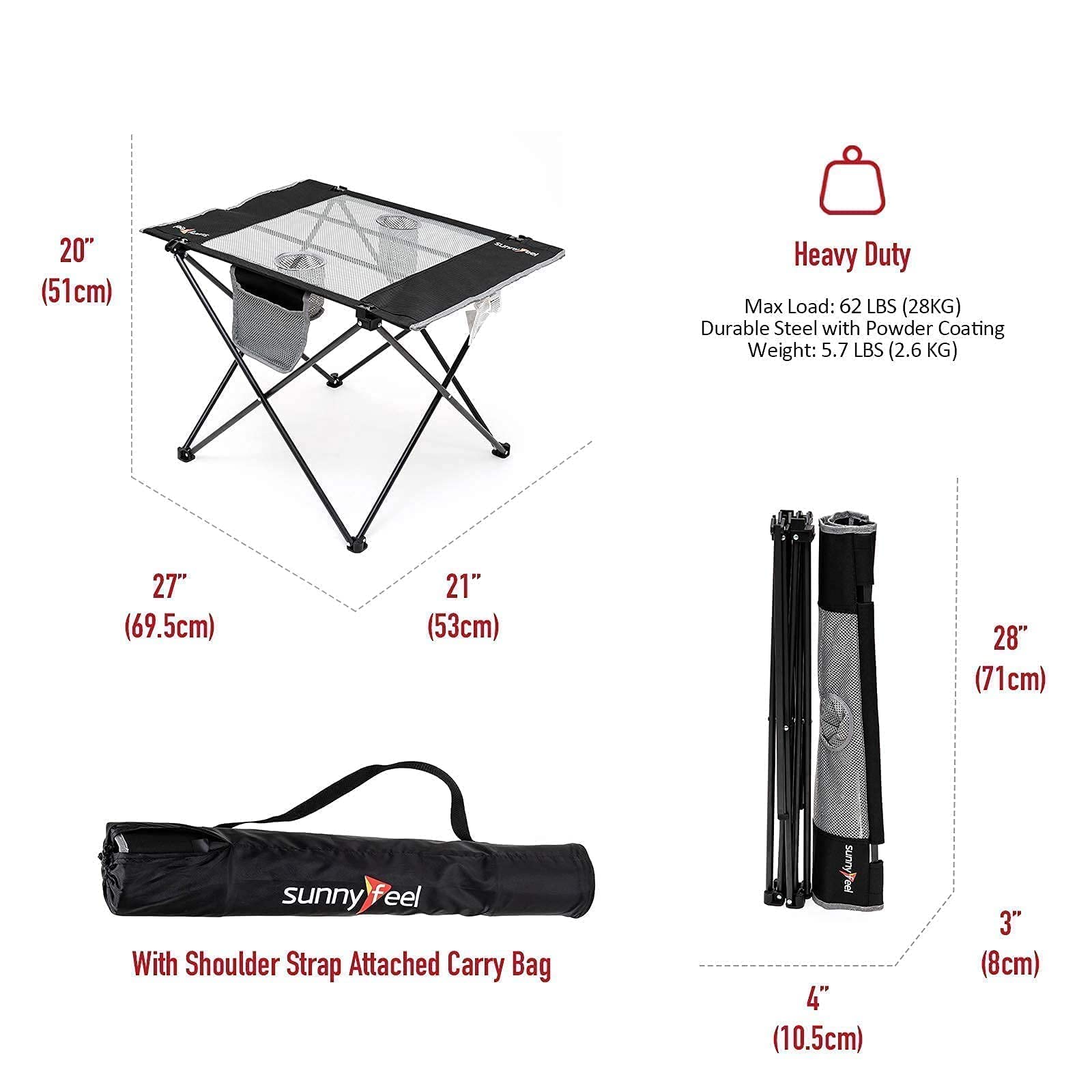 Sunnyfeel camping table folding-frame highlights quick setup and compact storage.