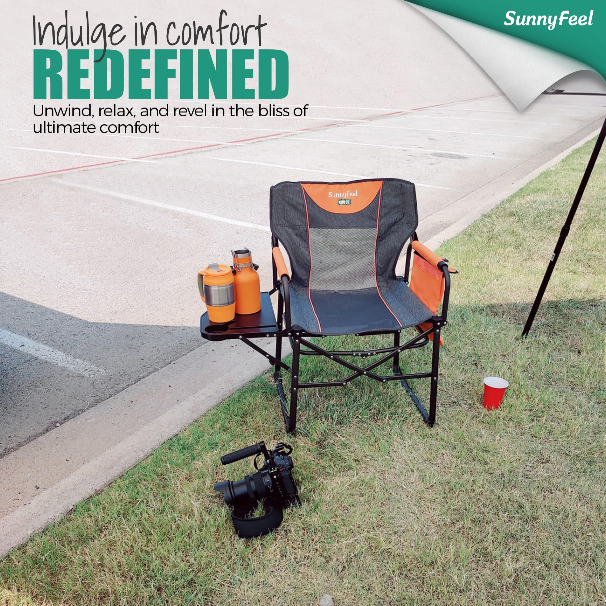 SunnyFeel chair with front pockets stores essentials during beach trips.