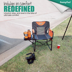 SunnyFeel chair with front pockets stores essentials during beach trips.